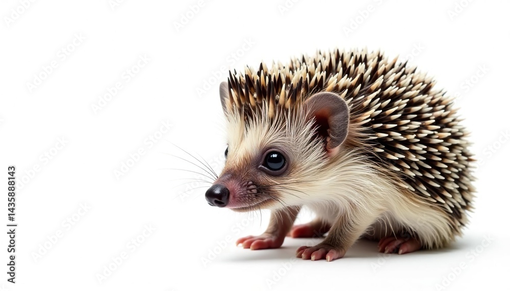 Fototapeta premium Tiny hedgehog curled, isolated on pure white background, wildlife, image, white background