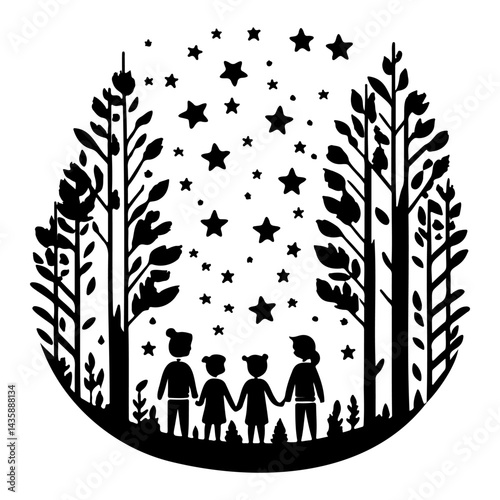 Silhouette Family Gazing at Starry Night Sky Through Trees Whimsical Vector