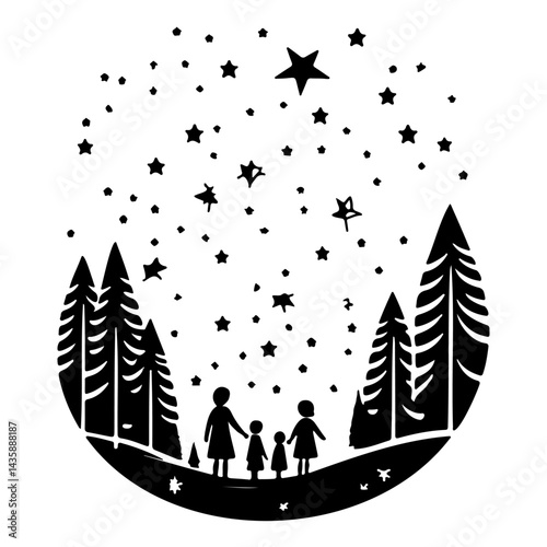 Silhouette family stargazing among majestic pine trees under a star-filled sky