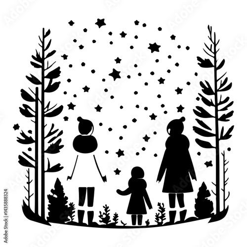 Family's winter silhouette gazing at the stars in snowy forest illustration