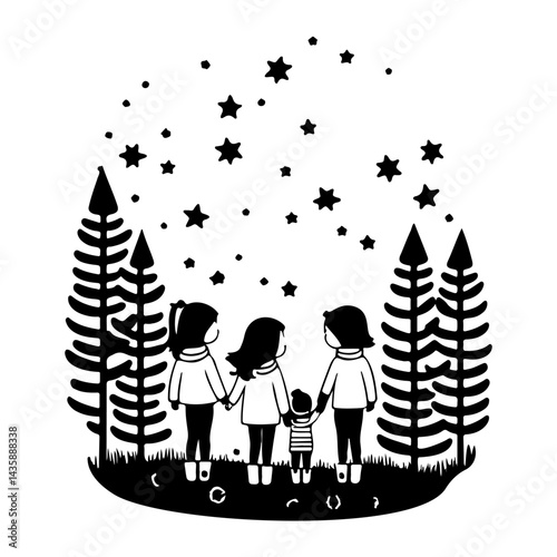 Family beneath celestial canopy, illustration of togetherness and nature's beauty