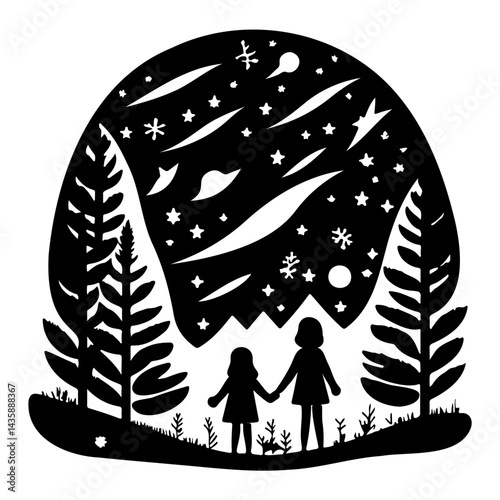 Enchanting silhouette of two figures watching a meteor shower under tree canopy