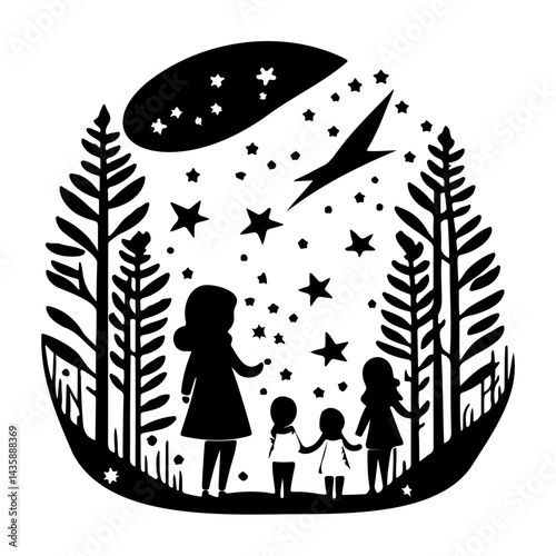 Silhouette portrayal of a family gazing at celestial marvels amid a serene forest