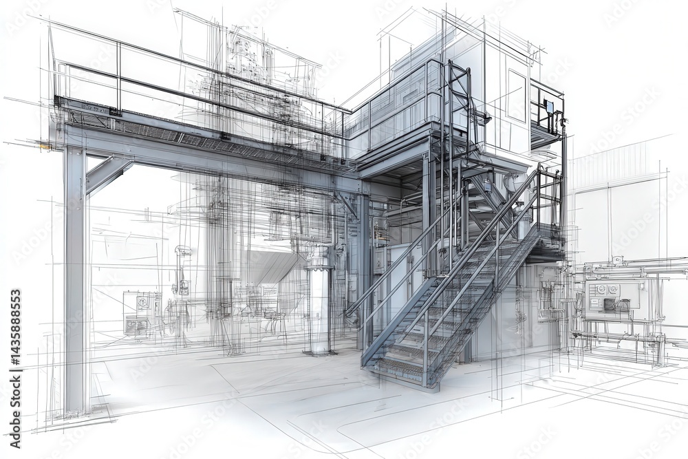 Industrial Blueprint of Staircase Structure in Manufacturing Facility