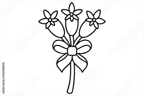 Single line flower bouquet tied with a bow, all in one stroke