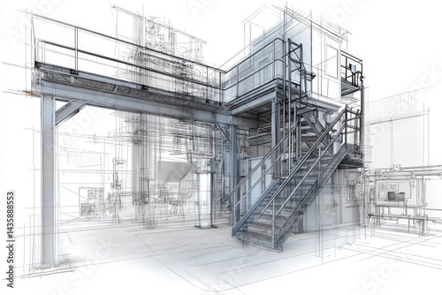 Obraz na płótnie Industrial Blueprint of Staircase Structure in Manufacturing Facility w salonie
