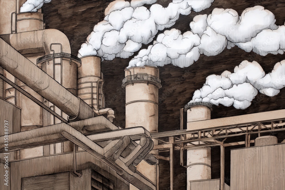 Industrial Chimneys Emitting Smoke Against Dark Stormy Sky