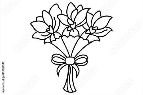 Single line flower bouquet tied with a bow, all in one stroke