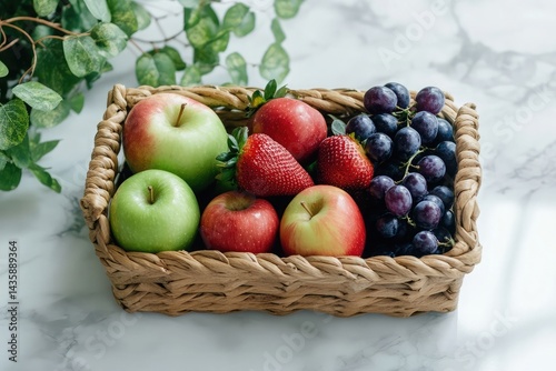 Fresh ripe red and green apples in a natural wicker basket, a healthy organic fruit