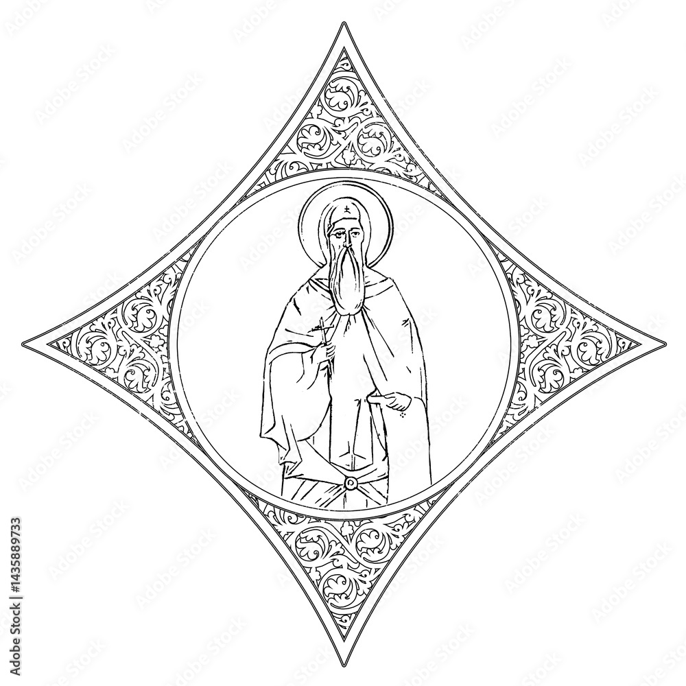 Fototapeta premium Saint Joanikije of Devic (name english). Coloring orthodox page in Byzantine style