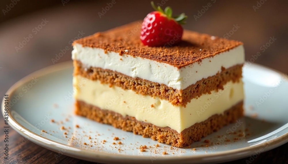 Close-up view of a single portion tiramisu, showing texture and layers , tasty, high-resolution Close-up view of a single portion tiramisu, showing texture and layers , tasty, high-resolution