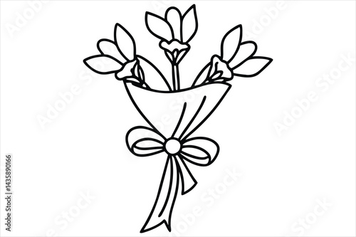 Single line flower bouquet tied with a bow, all in one stroke