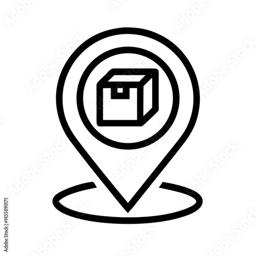 A minimal outline of a location marker with a parcel icon