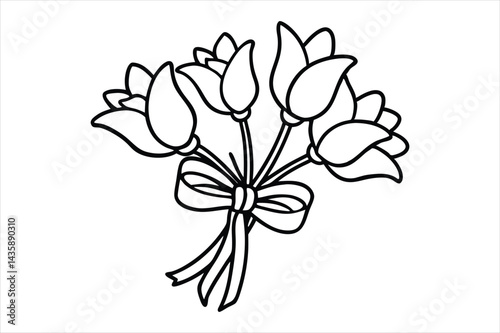 Single line flower bouquet tied with a bow, all in one stroke