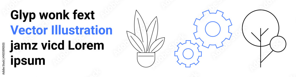 Potted plant, interconnected gears, and abstract tree outline. Ideal for sustainability, technology, growth, innovation, environment, ecology flat landing page banner Potted plant, interconnected gears, and abstract tree outline. Ideal for sustainability, technology, growth, innovation, environment, ecology flat landing page banner