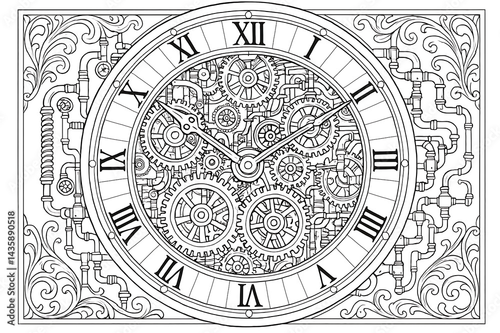 Obraz premium Intricate Steampunk Clock Mechanism Coloring Page - Detailed Gearwork Art