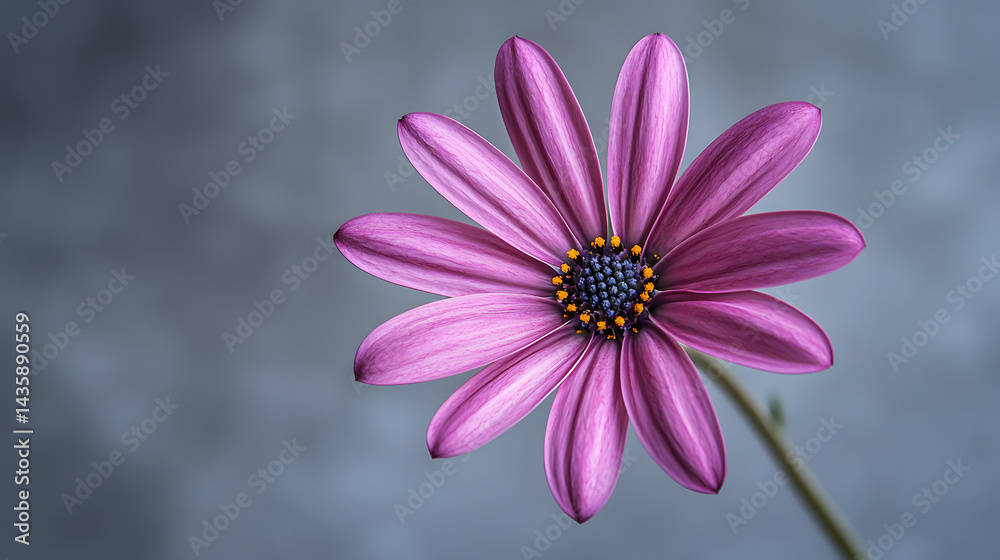 Fototapeta premium Purple Osteospermum Flower Close-up: A vibrant purple Osteospermum flower, showcasing its delicate petals and contrasting dark center, stands out against a soft gray background.