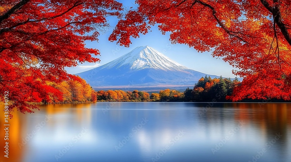 Fototapeta premium Snow-capped mountain reflected in calm lake, framed by vibrant autumn foliage