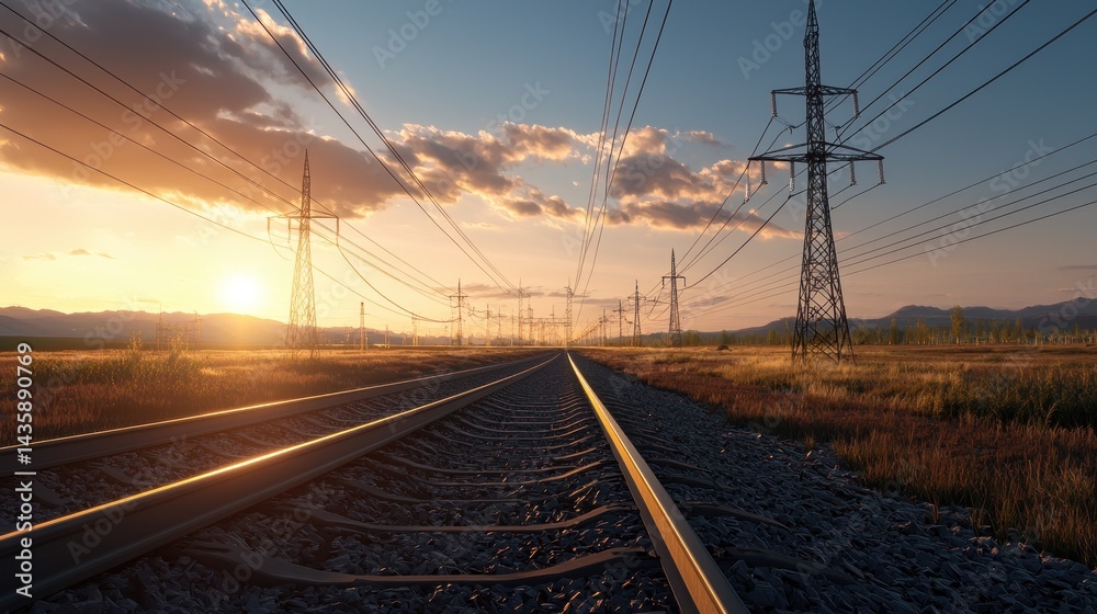 Sunset Railroad Tracks Through Powerline Landscape
