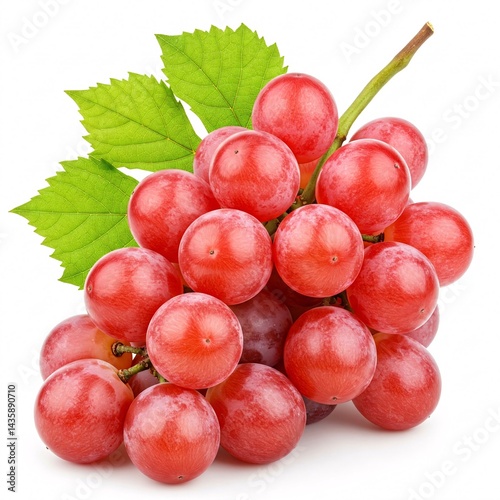 A bunch of vibrant red globe grapes with water droplets, attached to a green stem with two leaves, isolated on a white background