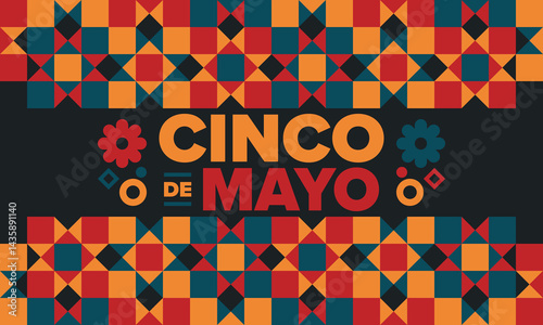 Cinco de Mayo in Mexico. Traditional mexican fiesta in May. National happy holiday with carnival, festival and parade. Latin american and spanish pattern. Illustration with sombrero. Vector poster