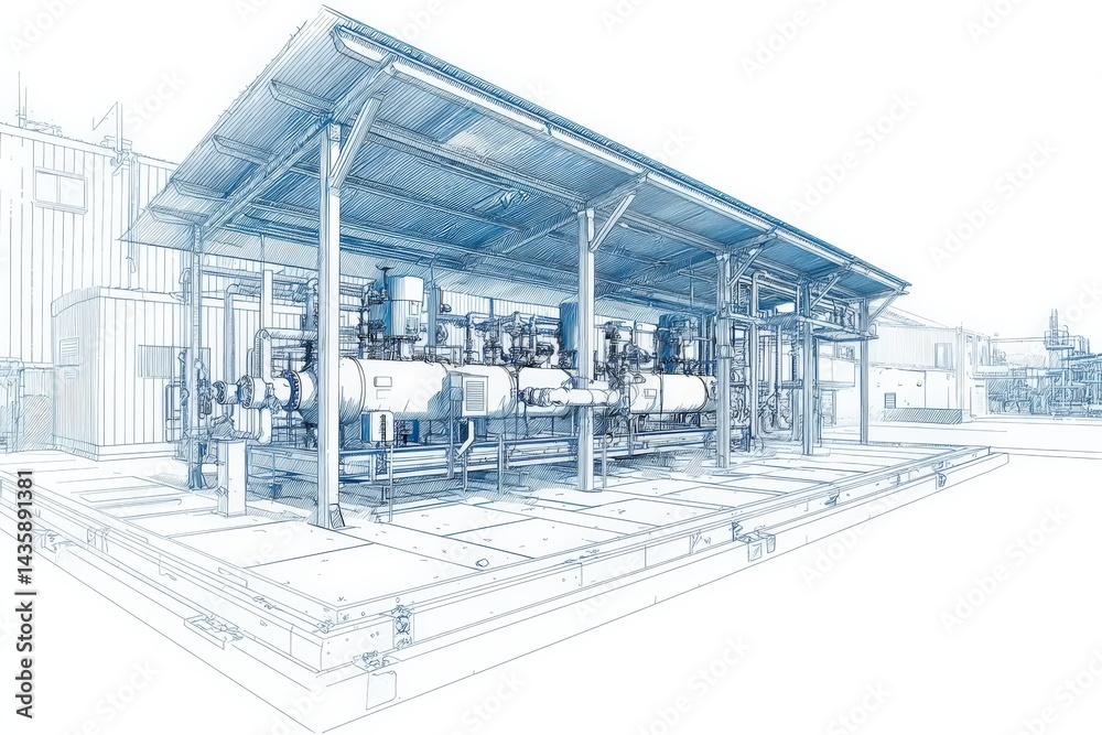 Industrial Equipment Sketch of a Factory with Machinery and Utilities