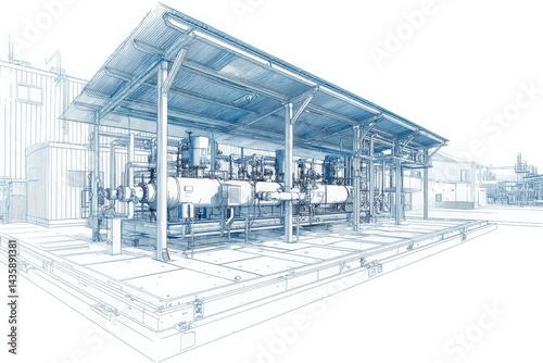Obraz na płótnie Industrial Equipment Sketch of a Factory with Machinery and Utilities w salonie
