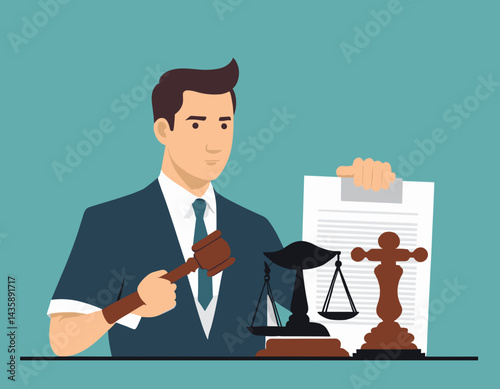 Regulations, law or rules, authority, legislation or government lawsuit, legal document justice or courthouse, verdict or punishment concept, businessman hold gavel with scale and regulation document.
