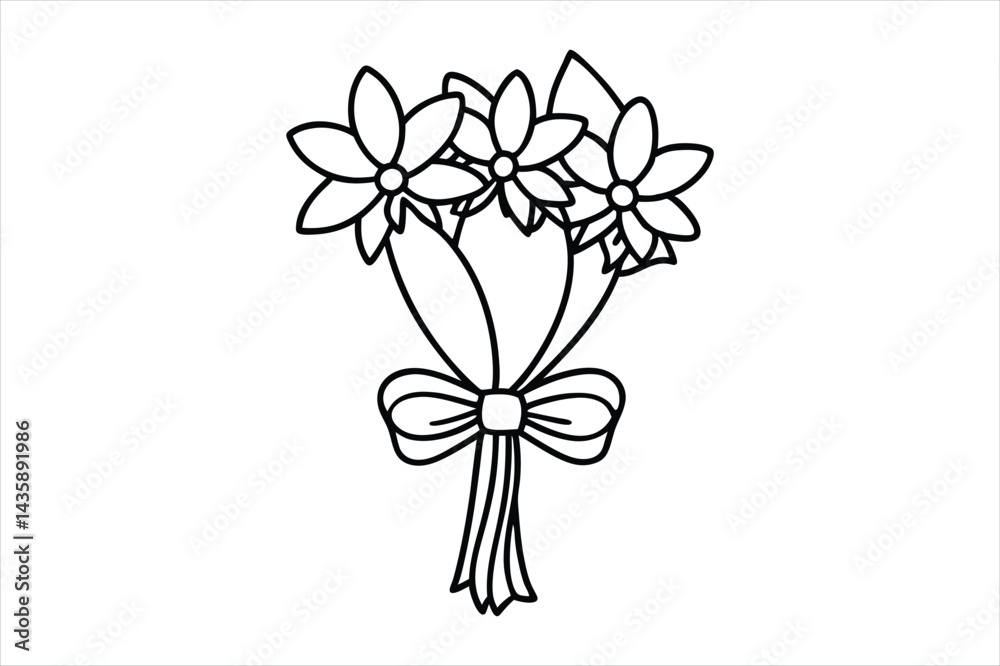 Single line flower bouquet tied with a bow, all in one stroke
