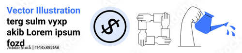 Financial symbol, team collaboration depicted with linked hands, and nurturing represented by watering can. Ideal for teamwork, finance, growth, charity, support, investment simple landing page