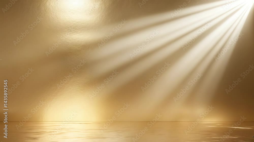 Light radiating on gold foil metal surface with empty space, abstract theme
