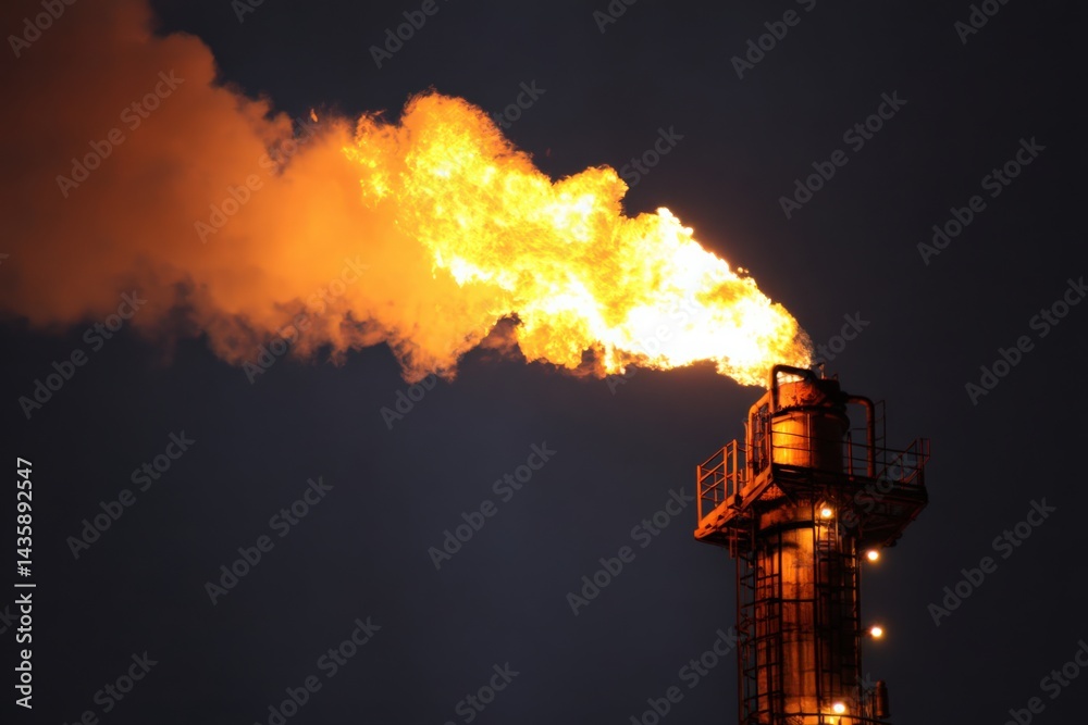 Industrial Flare Igniting Gas at Night in Energy Production Facility