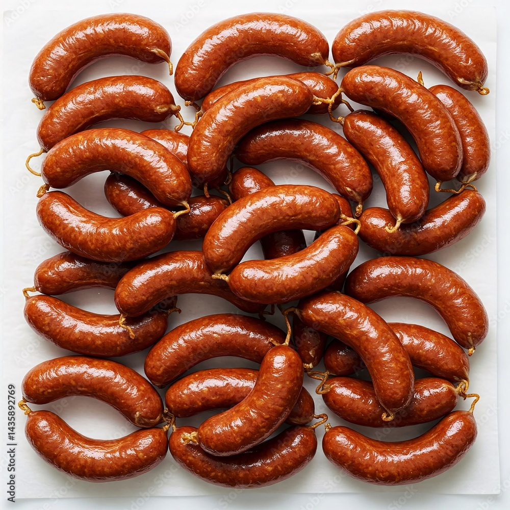 Raw Italian sausages on white paper isolated on a white background from above Raw Italian sausages on white paper isolated on a white background from above