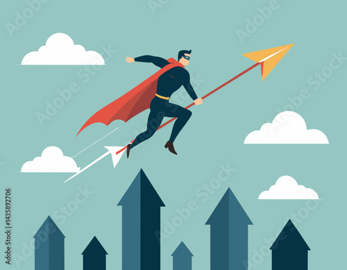 Growth, growing to success, winning or rising employee, skill to victory or development to achieve success, trend, performance or motivation concept, businessman superhero flying up with rising arrow.