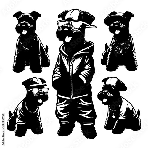 Stylish cat wearing a rapper's outfit, sunglasses, and bling. A black and white graphic illustration of a cat dressed in a trendy, hip-hop inspired outfit.