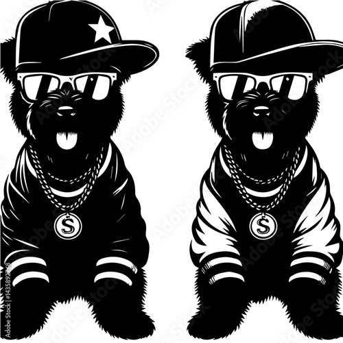 Stylish cat wearing a rapper's outfit, sunglasses, and bling. A black and white graphic illustration of a cat dressed in a trendy, hip-hop inspired outfit.