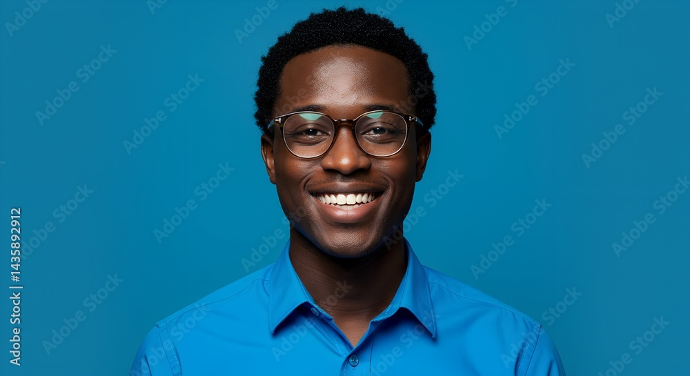 Portrait of smiling young Black man with glasses wearing a bright blue shirt and copy space on solid background