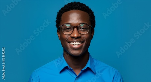 Obraz na płótnie Portrait of smiling young Black man with glasses wearing a bright blue shirt and copy space on solid background w salonie