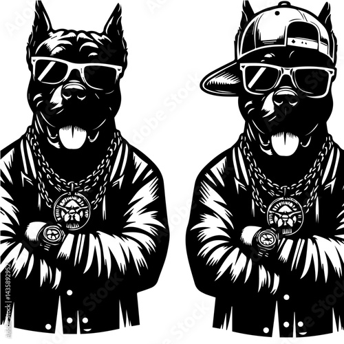 Stylish cat wearing a rapper's outfit, sunglasses, and bling. A black and white graphic illustration of a cat dressed in a trendy, hip-hop inspired outfit.