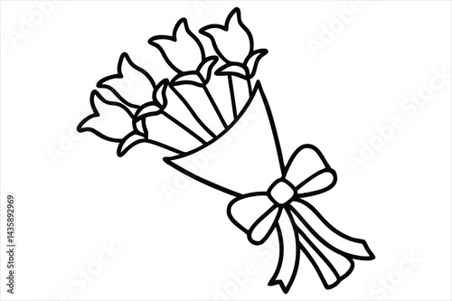 Single line flower bouquet tied with a bow, all in one stroke