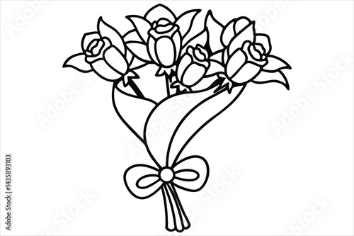 Single line flower bouquet tied with a bow, all in one stroke