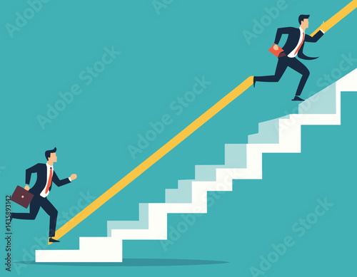 Step or progress to success and reach goal target, leadership to improve personal development, ladder or staircase to achieve goal, aspiration or career path, businessman run up stair to success.