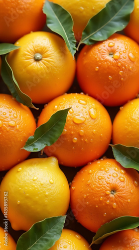 Vibrant Citrus Fruits with Dew Drops: Fresh Oranges and Lemons in a Lush Display