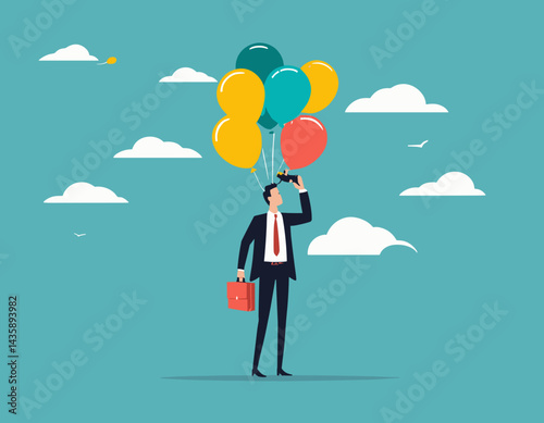 Year 2025 vision, achievement or plan for success, career target or economic forecast, aspiration to work success, new year resolution concept, businessman flying with 2025 balloons with telescope.