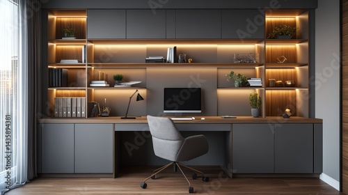 A sleek and modern home office with wall-mounted modular storage featuring concealed cabinets and open shelves for a clean and clutter-free workspace