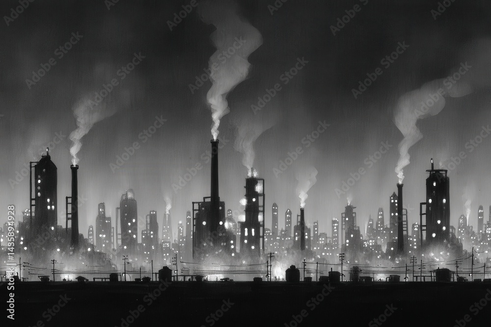 Industrial Landscape with Smoke Stacks and Urban Night Scene