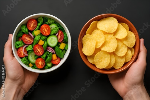 Healthy Salad and Crispy Chips Comparison on Dark Background