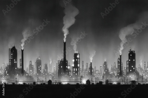 Obraz na płótnie Industrial Landscape with Smoke Stacks and Urban Night Scene w salonie