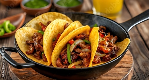 Delicious Tacos Served in a Pan with Fresh Ingredients on Wooden Table