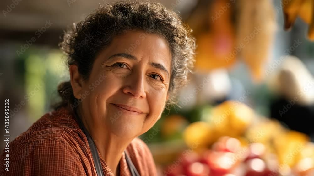 Smiling Woman at a Vibrant Market Surrounded by Fresh Produce and Colorful Fruits in Warm Light Smiling Woman at a Vibrant Market Surrounded by Fresh Produce and Colorful Fruits in Warm Light